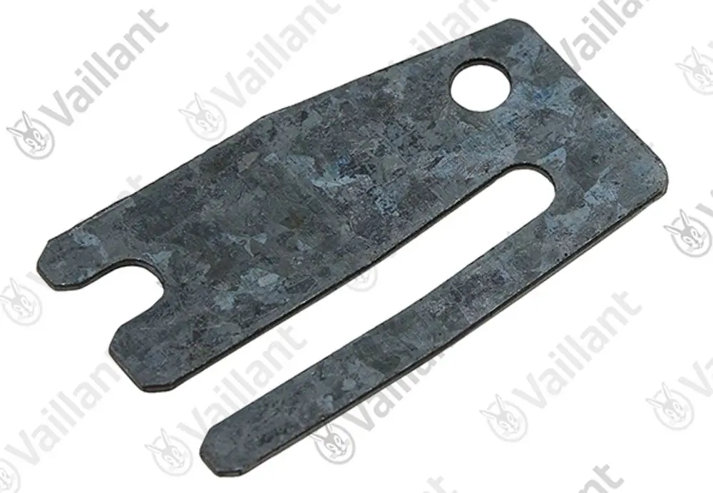 Vaillant Riegel in Metalloptik mit angespitzter Form und rundem Loch. Das Bauteil weist eine flache, rechteckige Gestaltung auf, geeignet für verschiedene Anwendungen.